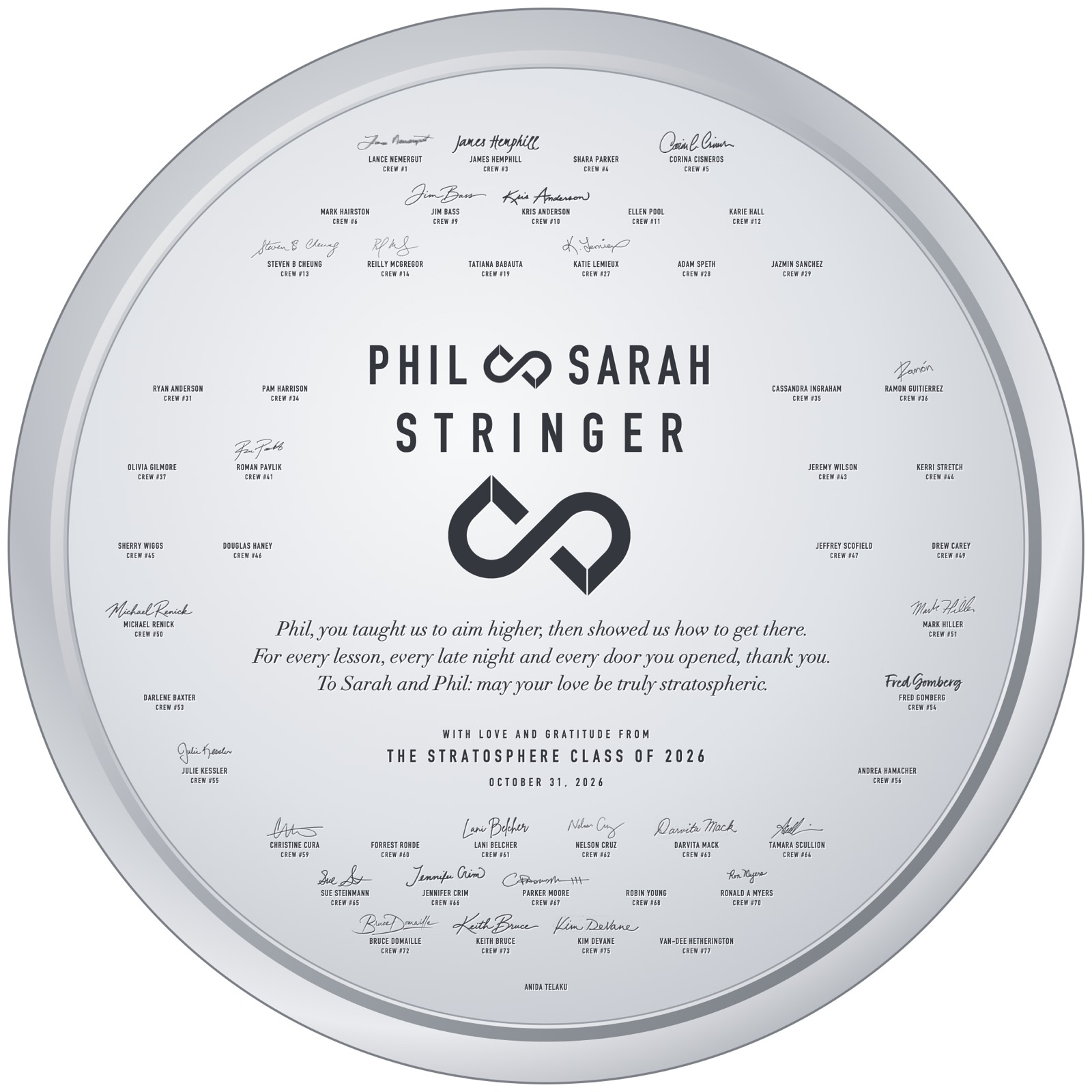 The tray layout: Phil and Sarah Stringer, with every member's name and crew number